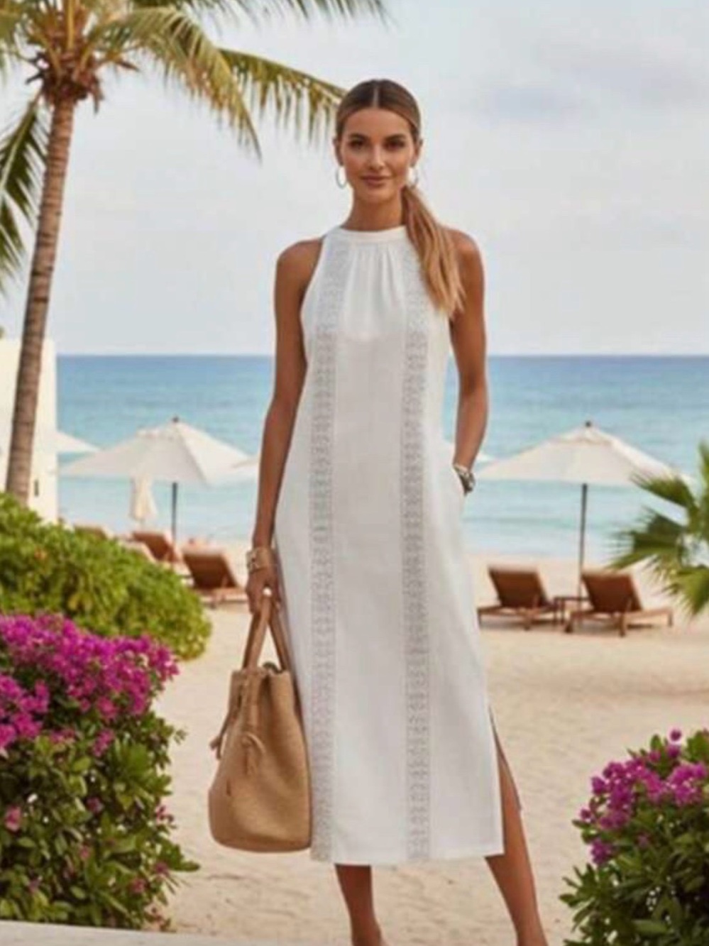SHEIN White Halter Midi Beach Dress with Lace Insets
